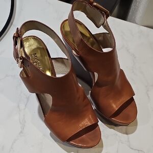 Michael Kors Tan Leather Wedge Sandals